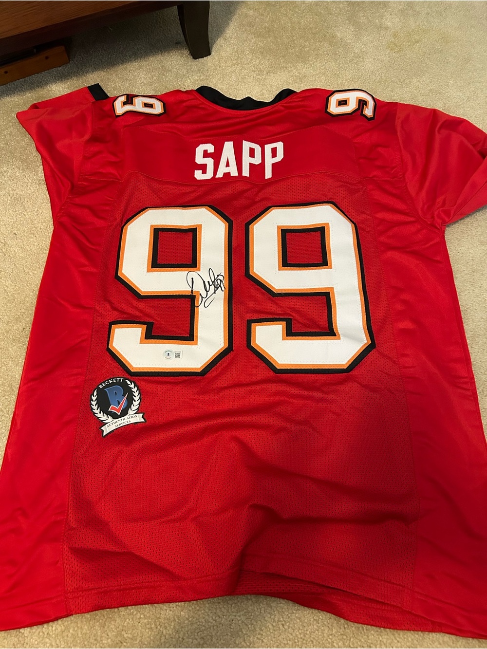Red Warren Sapp #99 XL Football Jersey - Autographed Beckett Authenticated